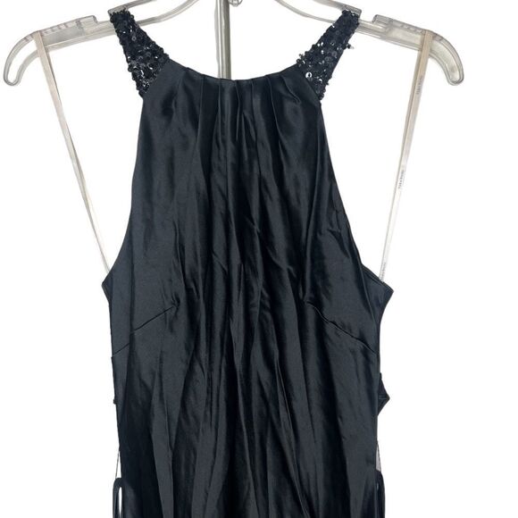 Vera Wang Black Satin Sleeveless Sequin Neck Keyhole Back Evening Maxi Gown 8 - Picture 4 of 16
